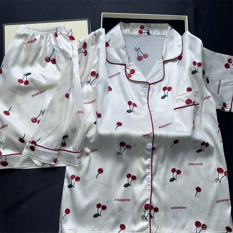 Women Cherry Print Satin Style Pajama Set with Top and Shorts