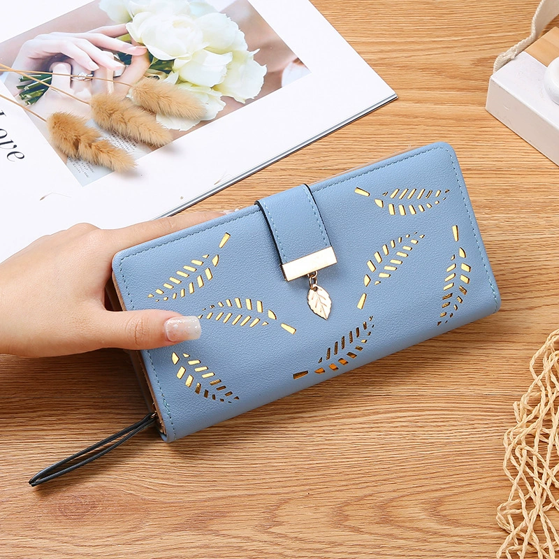 Sleek Womens Long PU Leather Wallet with Intricate Leaf Design, Large Capacity Cardholder Clutch