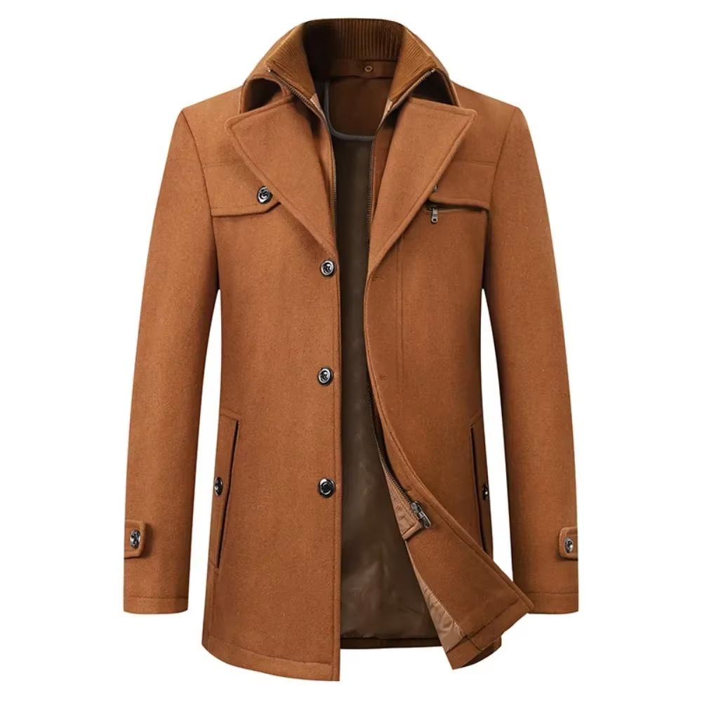 Classic Double Collar Men's Pea Coat – Elegant Men's Woolen Trench Coat Winter Overcoat