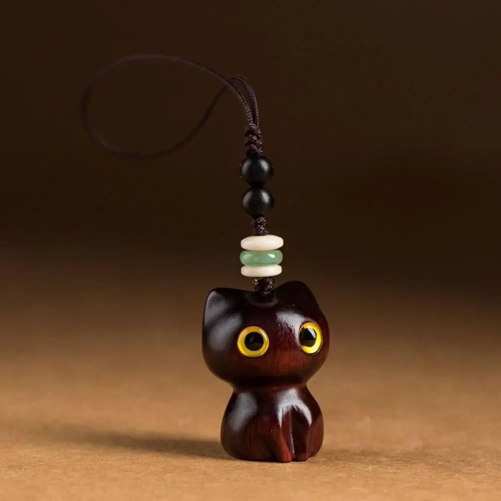 Creative Cute Cat Shape Lucky Blessing Charm Sandalwood Keychain Pendant