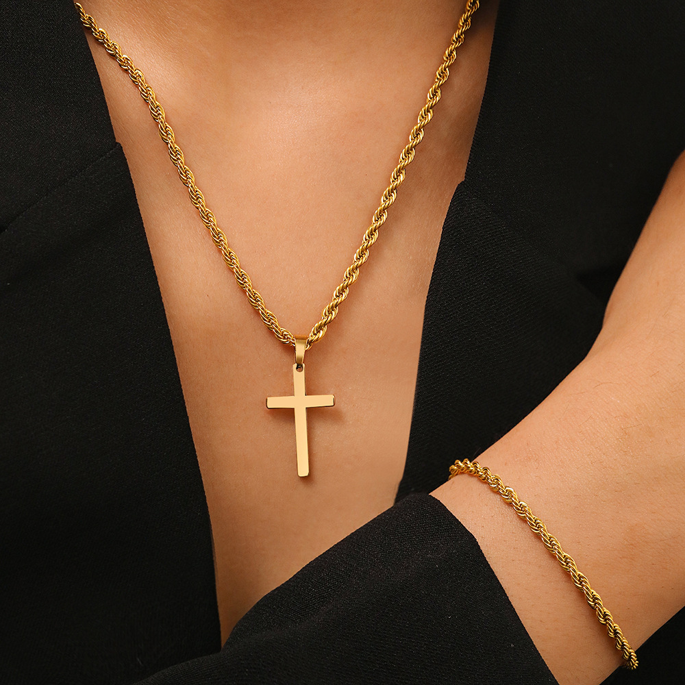 Durable Twisted Rope Cross Necklace and Bracelet Set Stainless Steel Jewelry Simple Casual Style Gift