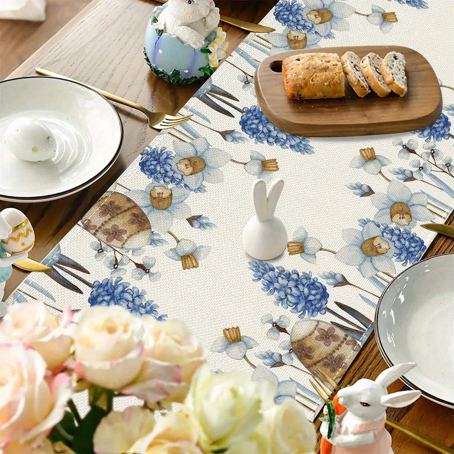 Easter Blue Eggs & Floral Linen Table Runner – Spring Botanical Dining Table Decor