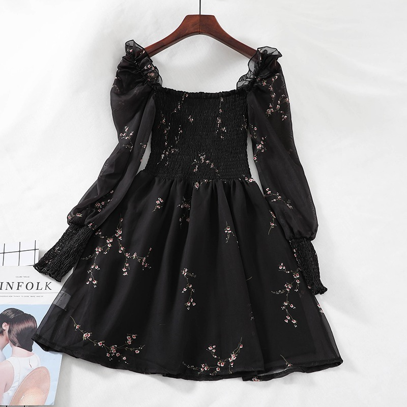 Women Sexy Black Chiffon Dress, Spring Vintage Flower Dress, Long Puff Sleeve Dresses, Korean Casual Mini Vestidos
