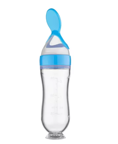 Squeeze Spoon Milk Feeding Bottle Cup, Safe Silicone Baby Bottle with Spoon, Rice Cereal Food Supplement Bottle