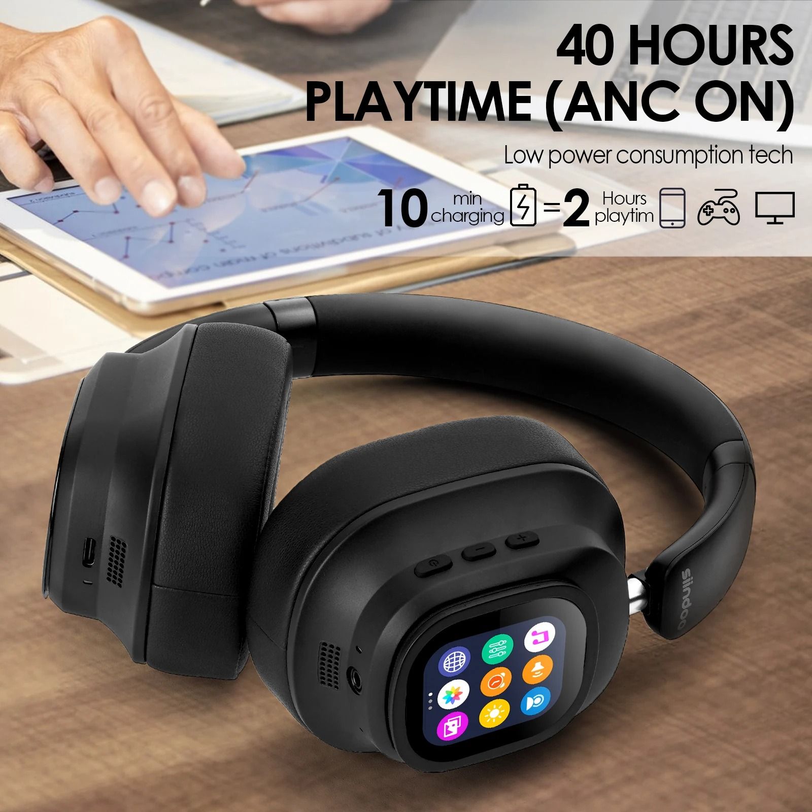 Hybrid Active Noise Cancelling Wireless Headphones – Touch Control with Integrated LED Screen