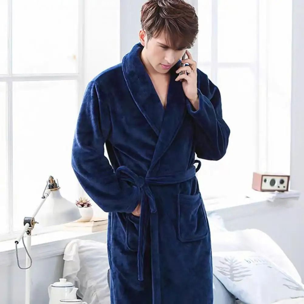 Mens Plush Flannel Winter Bathrobe Thick Lined Medium Length Home Robe