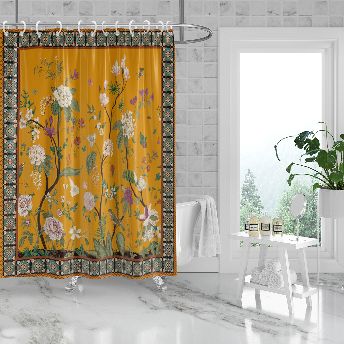 Yellow Retro Floral Pattern Printed Shower Curtain Partition, Bathroom Waterproof and Mildew Proof