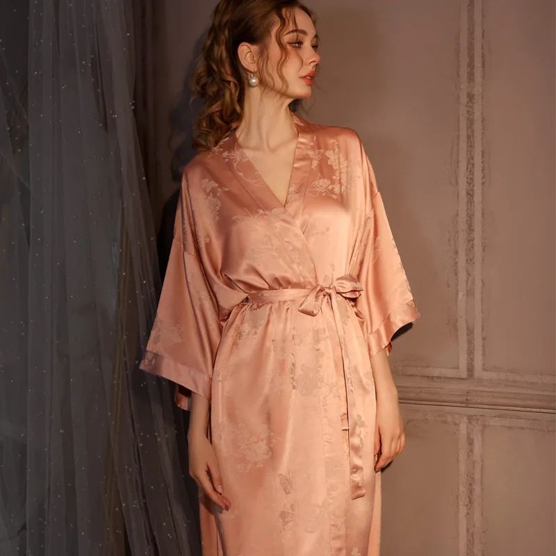 Silk Jacquard Kimono Robe – Luxury Satin Ice Silk Long Womens Bathrobe