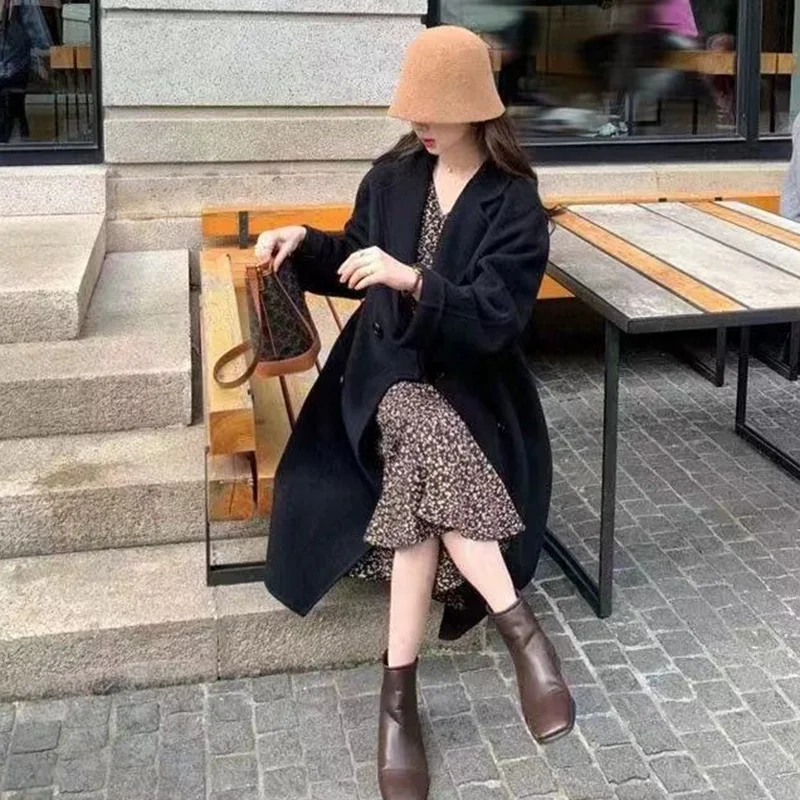 Autumn Winter Women Woolen Coat, Elegant Purple Apricot Mid-Long Jacket, Sweet Lady Chic Style Thermal Outerwear