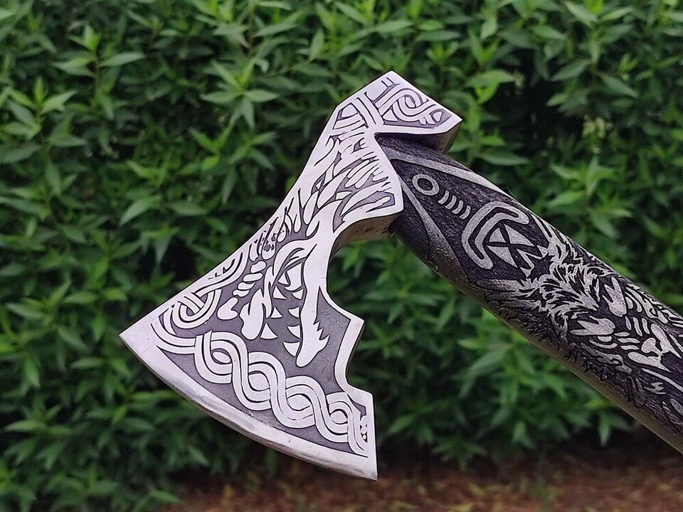 Handmade Carbon Steel Viking Throwing Axe | 19 Rare Art Axe with Carved Ashwood Handle