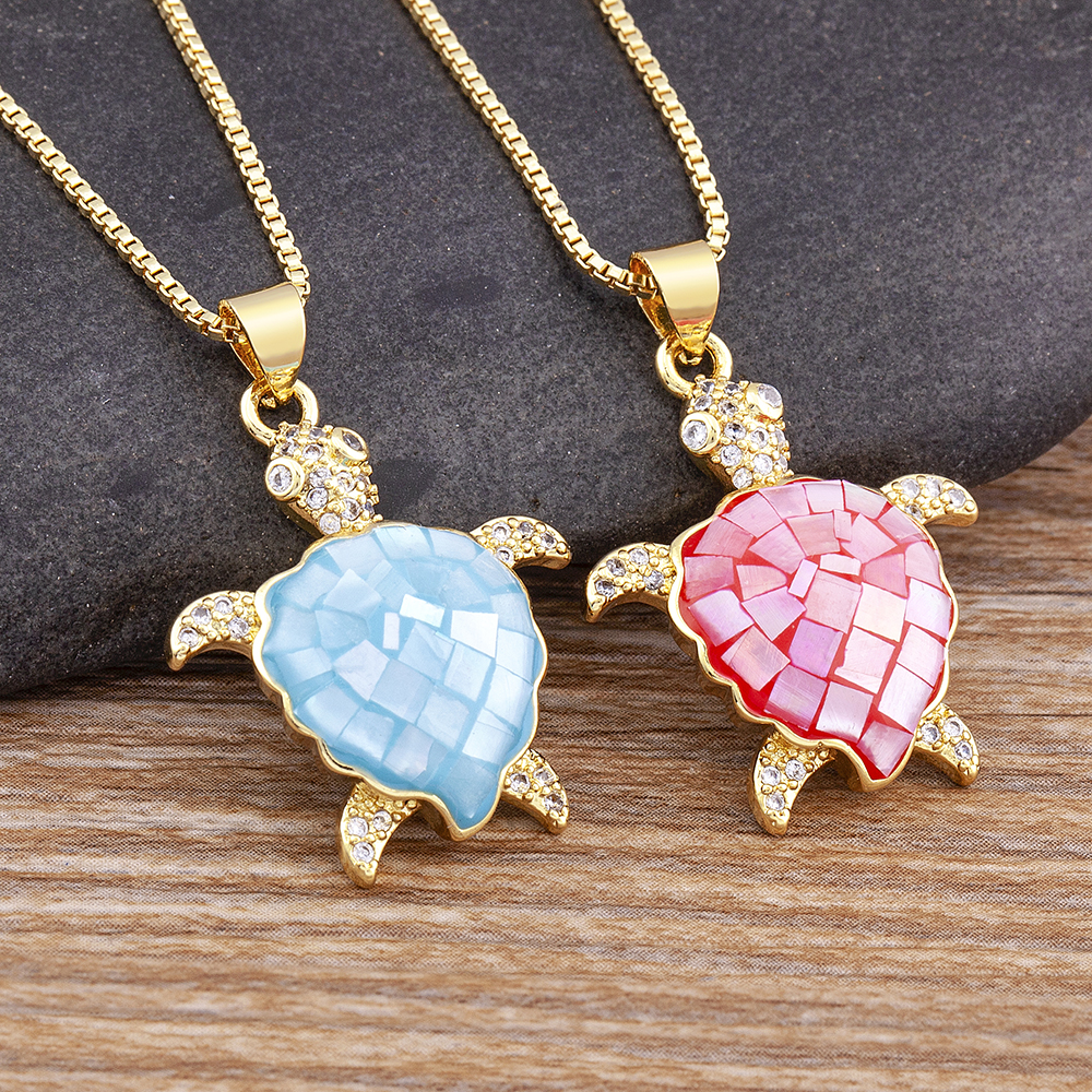Colorful Crystal Turtle Pendant Necklace with Zircon Shell for Women Beach Jewelry