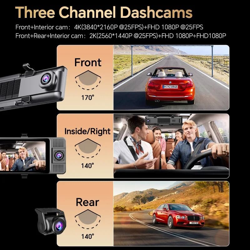 Triple Camera 4K Dash Cam with GPS and Night Vision