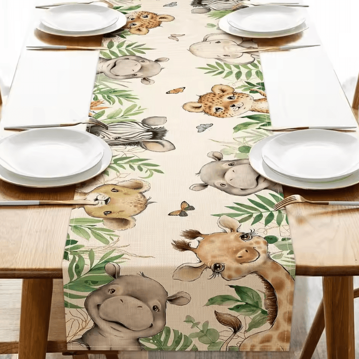 Vintage Floral Bird Linen Table Runner – Farmhouse Botanical Dining Decor