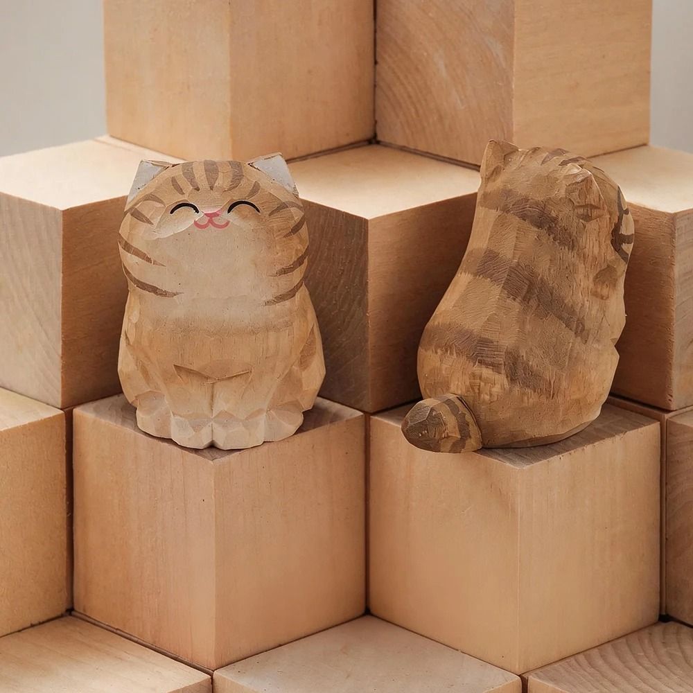 Handcrafted Wood Carved Cat Figurine Cute Kitten Desk Decor Ornament