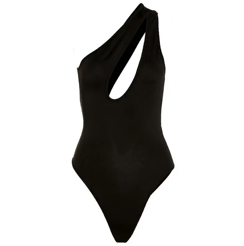 Womens One Shoulder Cut Out Bodysuit Slim Fit Bodycon Black Bodysuit Top