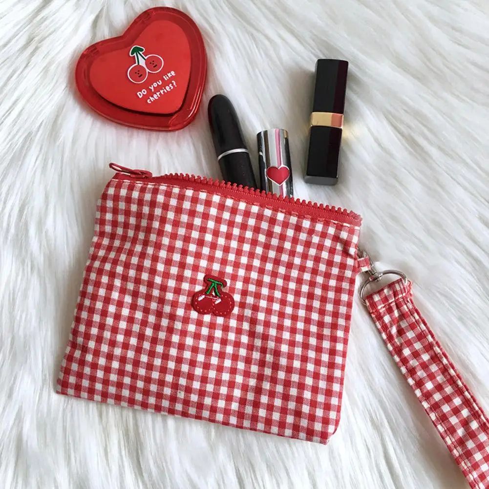 Embroidered Cherry Canvas Cosmetic Bag