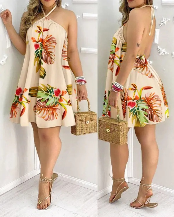 Boho Floral Halter Neck Backless Summer Dress