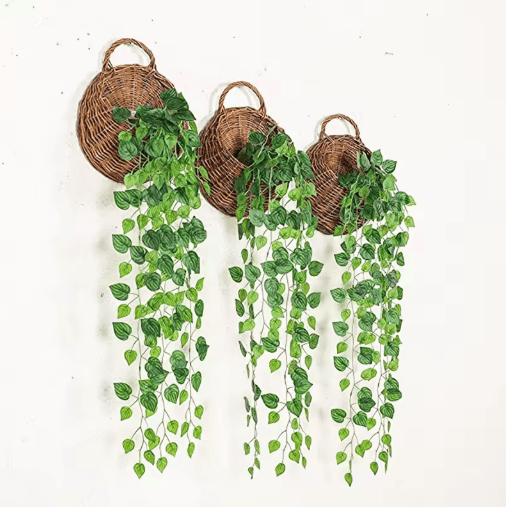 Artificial Rattan Hanging Ivy Plant Basket Lush Green Wall & Garden Decor