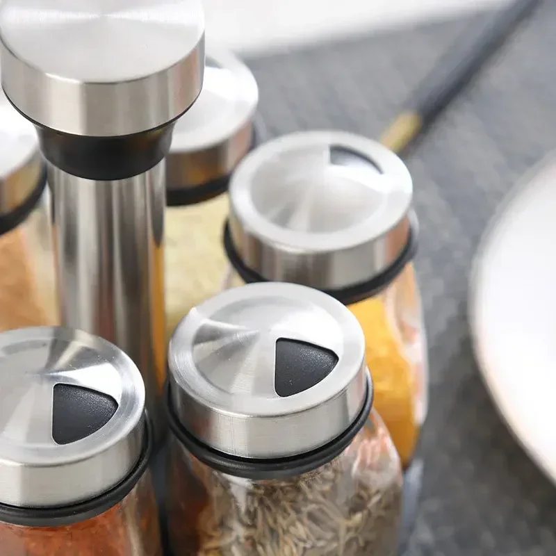 Single Bottle Glass Jar and Spice Jar Set Rack, Glass Seasoning, Sugar Pepper Bottles, Salt Shakers Holder, Kitchen