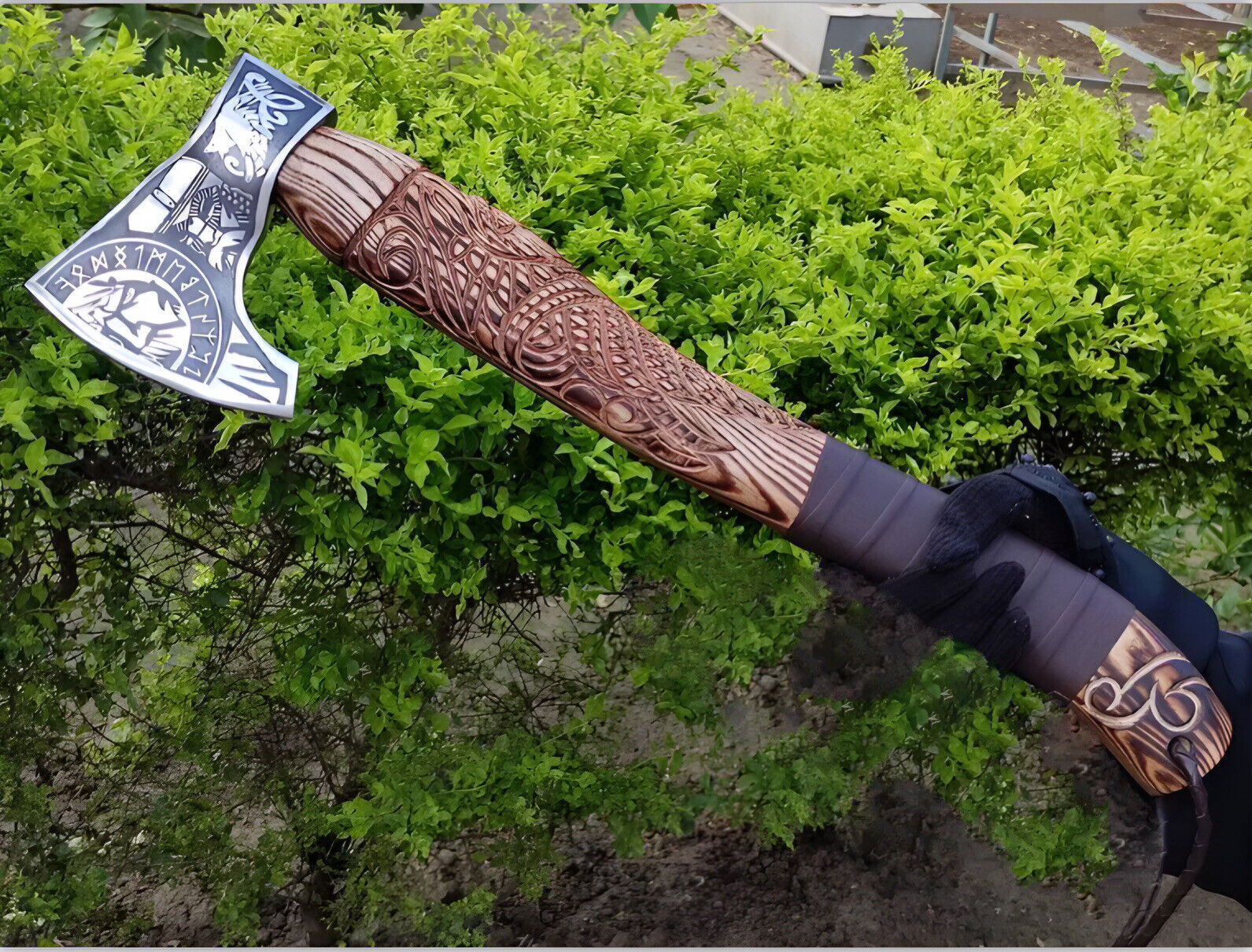 Handmade Rare Art Carbon Steel Blade Viking Throwing Axe - Carved Ashwood Handle