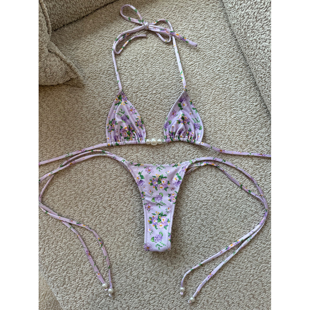 Sexy Micro Bikini Swimwear Women Push Up Bikini Set Luxury Print Halter Pearl Beachwear