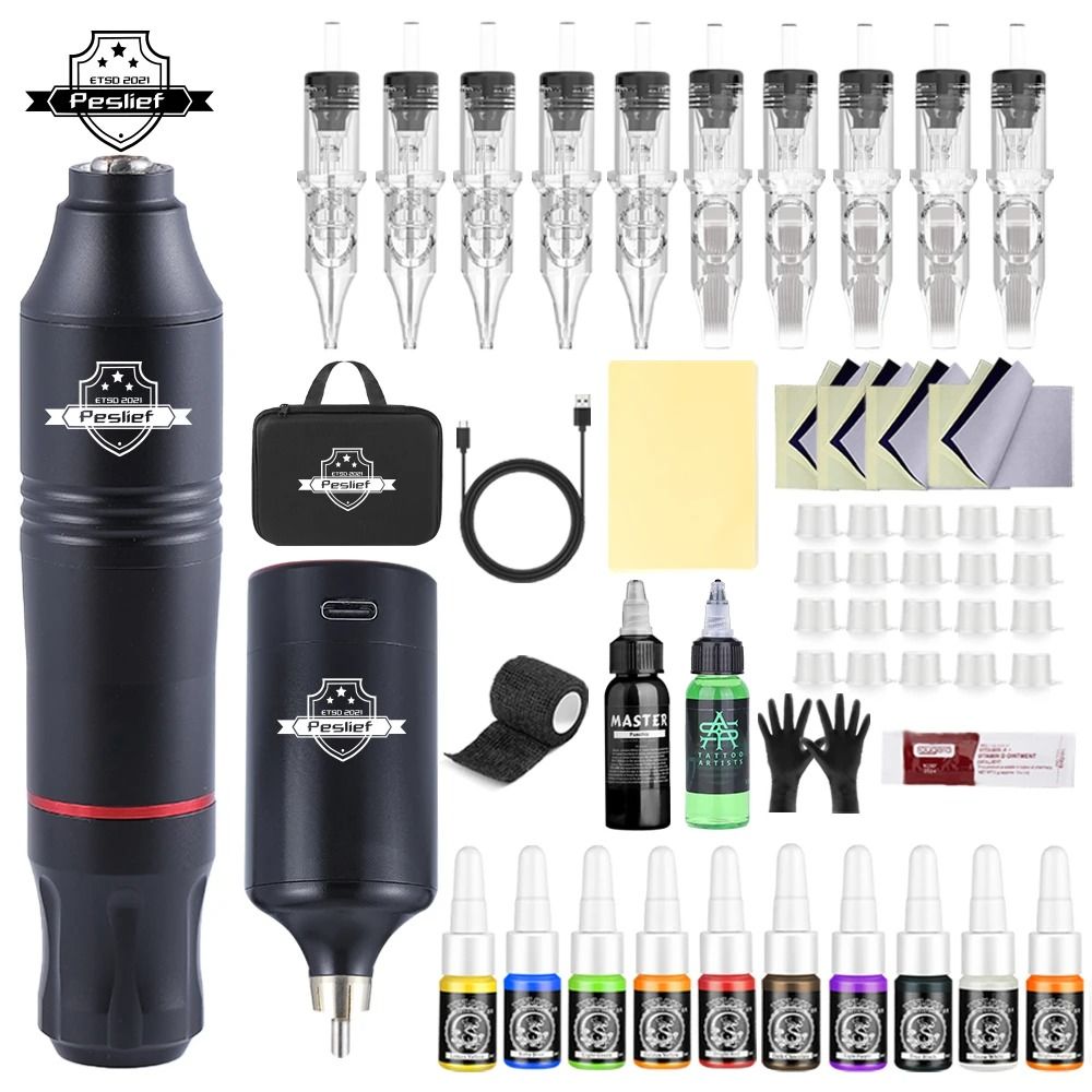 Professional Wireless Rotary Tattoo Machine Kit with 10 Cartridge Needles Complete Set