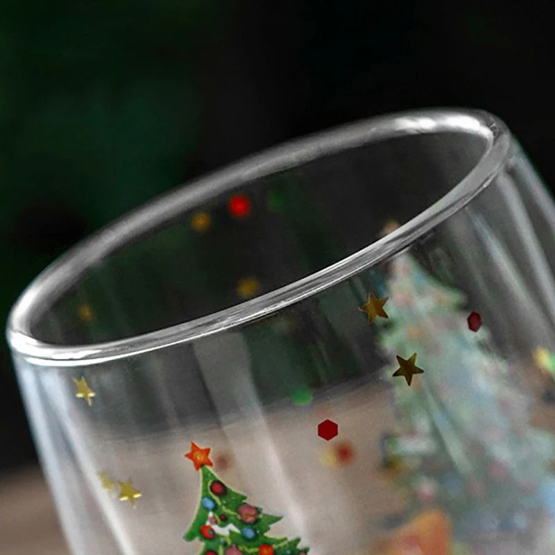 Double Wall Christmas Glass Mug Heat Resistant Holiday Coffee Cup