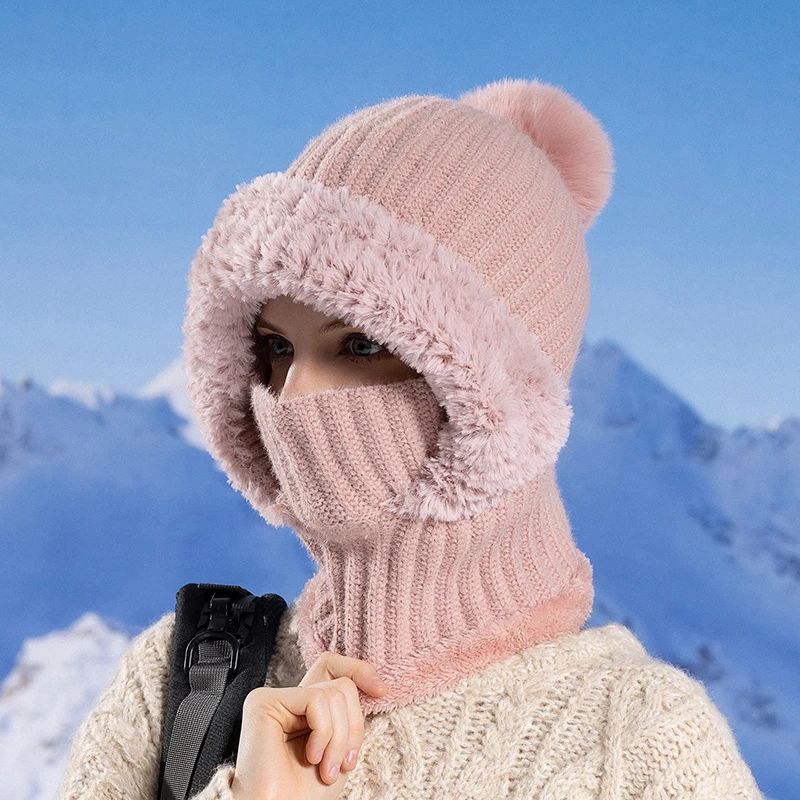 Women's Hooded Knit Balaclava Hat – Winter Velvet Fluffy Ear Protection Neck Warmer