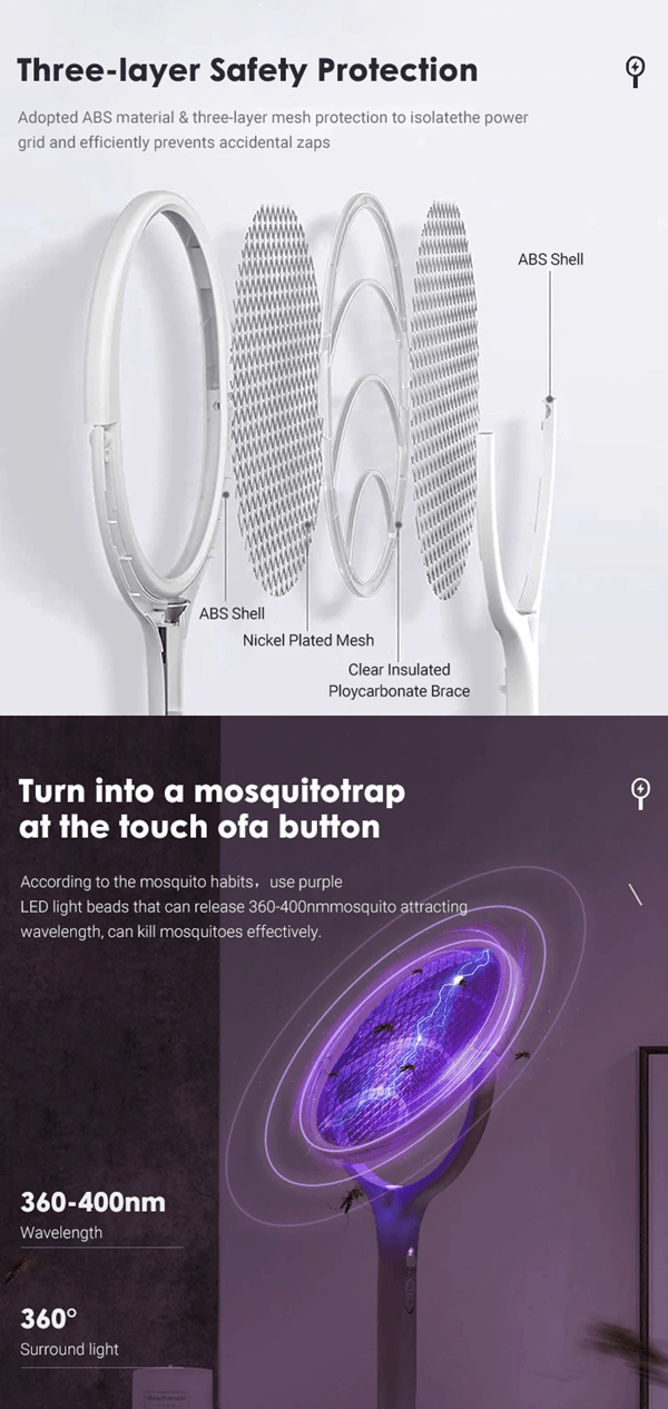 Rechargeable Electric Mosquito Swatter Bug Zapper Racket With LED Lamp