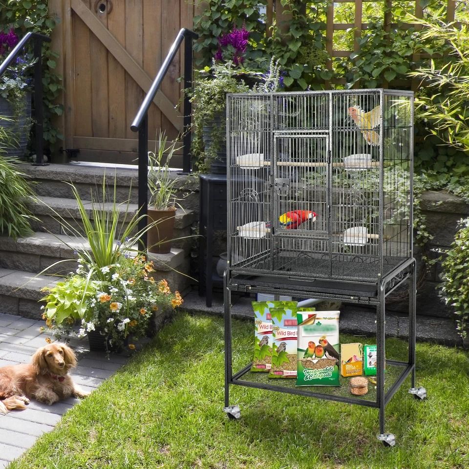 Large Parrot Cage with Rolling Stand Locking Doors Spacious Macaw Bird Cage Heavy Duty
