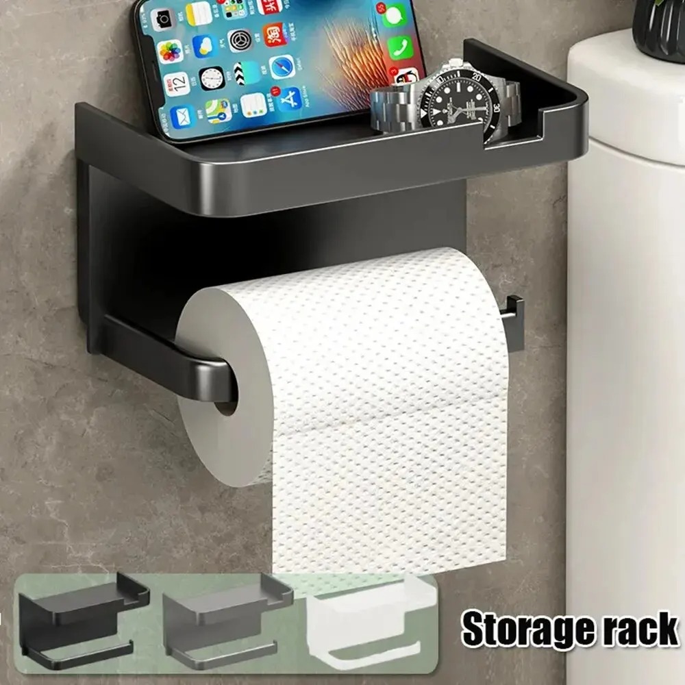 Plastic Storage Rack for Toilet Paper, Kitchen Towel and Seasoning Bottle Holder, Bathroom Wall Roll and Phone Organizer