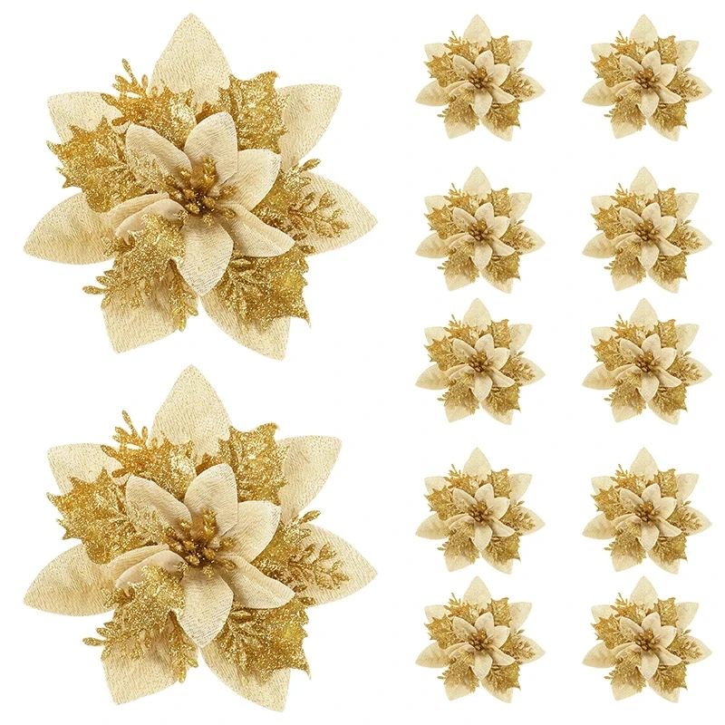 Glitter Pink Poinsettia Christmas Tree Flowers Set 5pcs