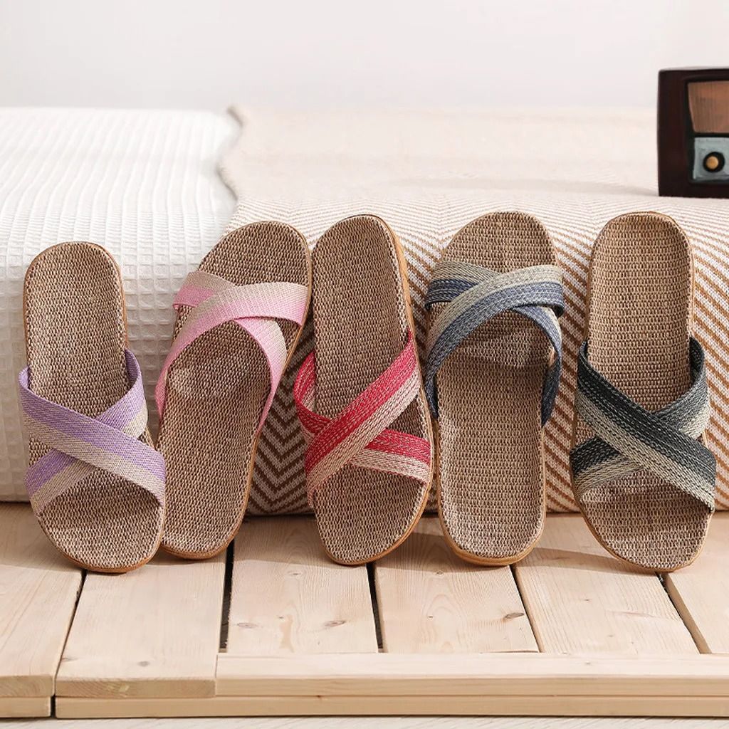 Men Indoor Linen Flat Open Toe Slippers