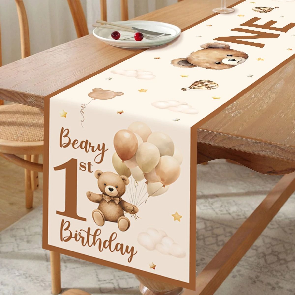 Cartoon Bear Table Runner 70.87x13.78in Teddy Bear Birthday Party Decoration