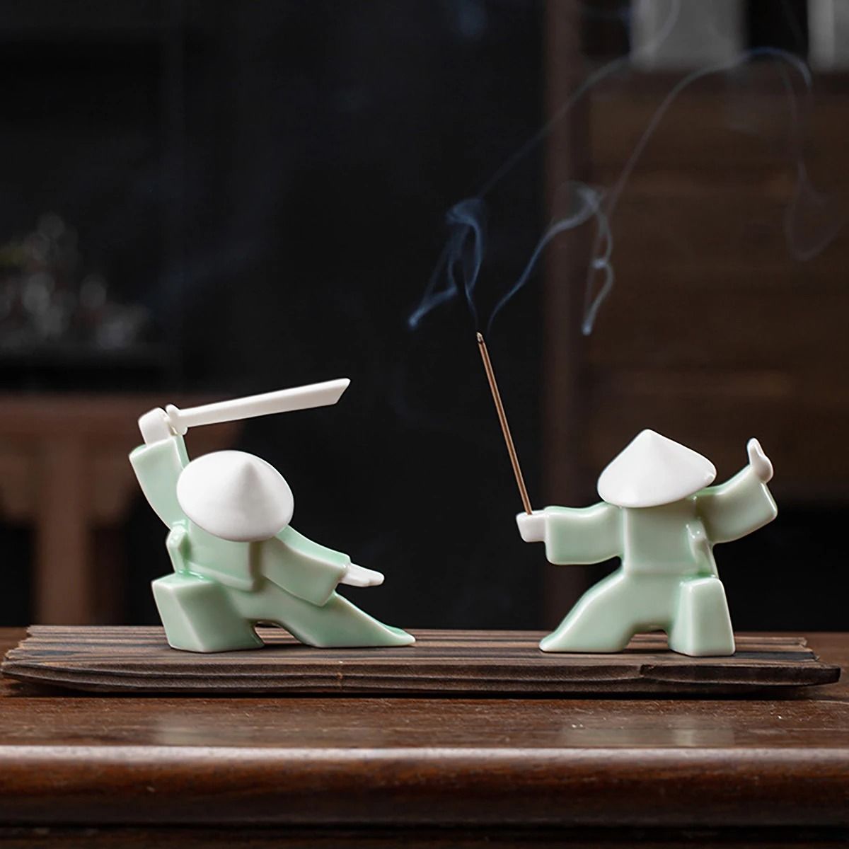 White Ceramic Samurai Figurine – Blanc De Chine Oriental Warrior Statue – Modern Geometrical Zen Desktop Ornament