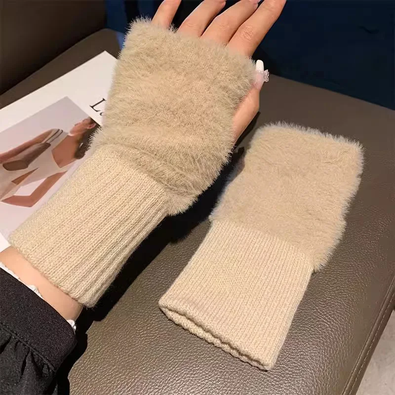 Soft Winter Half Finger Gloves for Women Luxury White Plush Knitted Fingerless Wrist Mittens for Warmth & Comfort