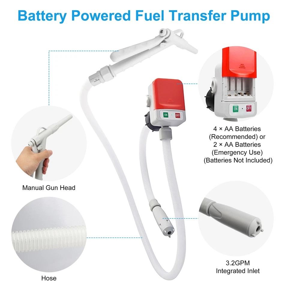 Fuel Transfer Pump, Battery-Powered Automatic, GPM, Adapters for Cars, Boats, Diesel, Gasoline, Snowmobiles