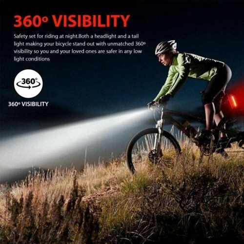 Bicycle Headlight Bike LED, USB Rechargeable Front Rear Lamp, Waterproof Cycling Light