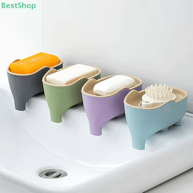 Elephant Double-Layer Soap Box with Lid – Portable Non-Slip Drain Soap Holder for Bathroom & Travel