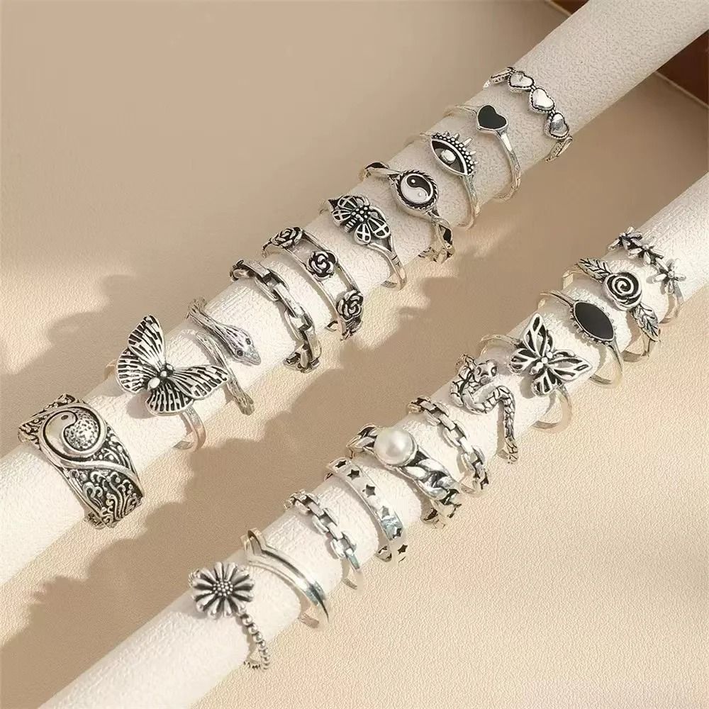 Punk Style Multi Element Ring Set with Butterfly Heart and Tai Chi Designs