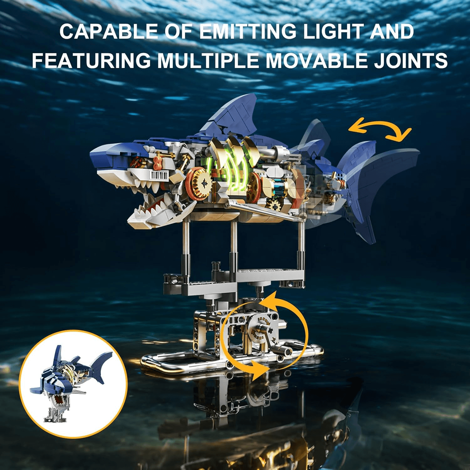 Mechanical Shark Building Set, Shark Sea Life Blocks with Display Stand & Lights