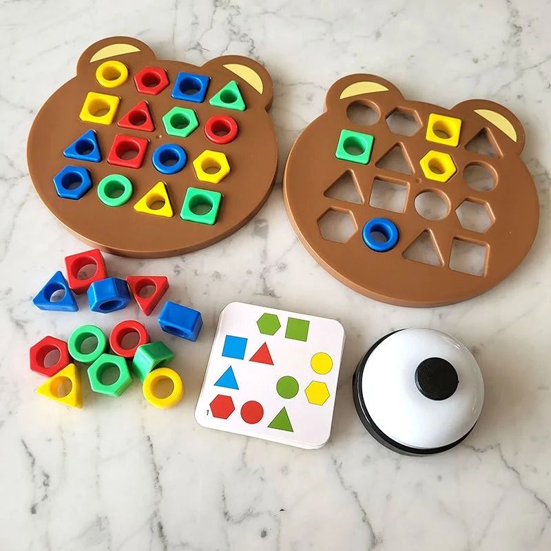 Little Bear Geometry Matching Puzzle, Montessori Education Block Game for Kids & Parents