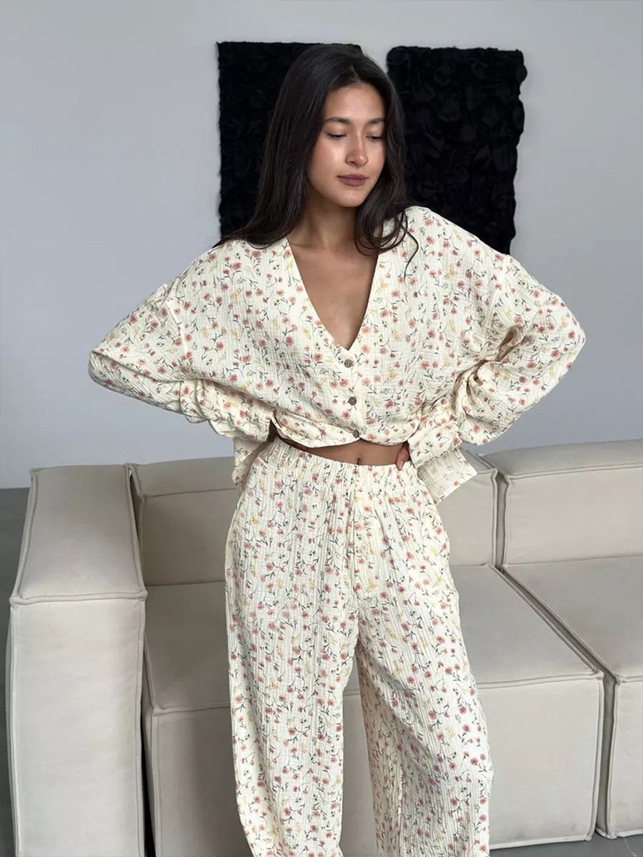 Women's New Autumn Muzuleva Cotton Printed Cardigan Pajama Set, Long Sleeved Pants Pajamas, Loose Home Clothing Set