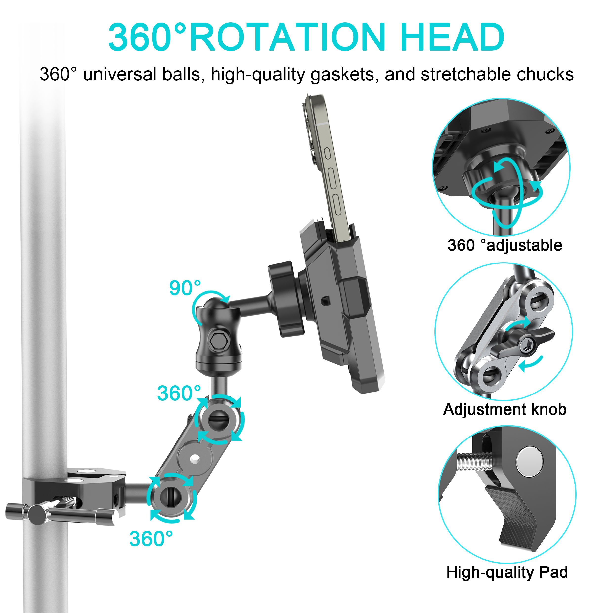 Super Clamp Phone Holder for Treadmill, Spin Bike, Stroller, Wheelchair, Golf Cart, Music Stand, Stationary Bike, Handle