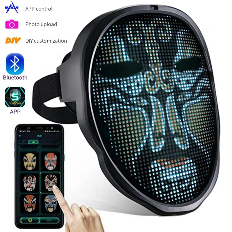 Bluetooth APP Control Smart Carnival LED Face Mask, Programmable Full-Color Display DIY Change Face for Halloween Party