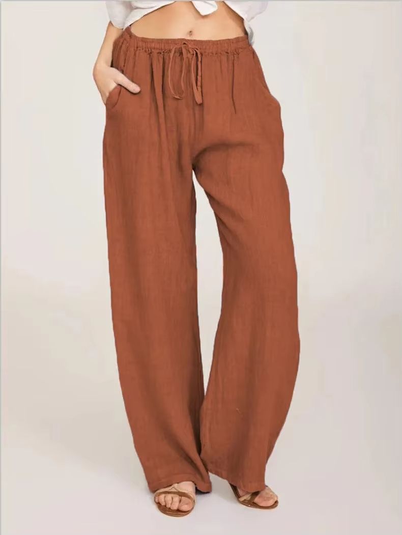 Womens Cotton Linen Wide Leg Pants – Casual Loose Trousers with Elastic Waist & Pockets