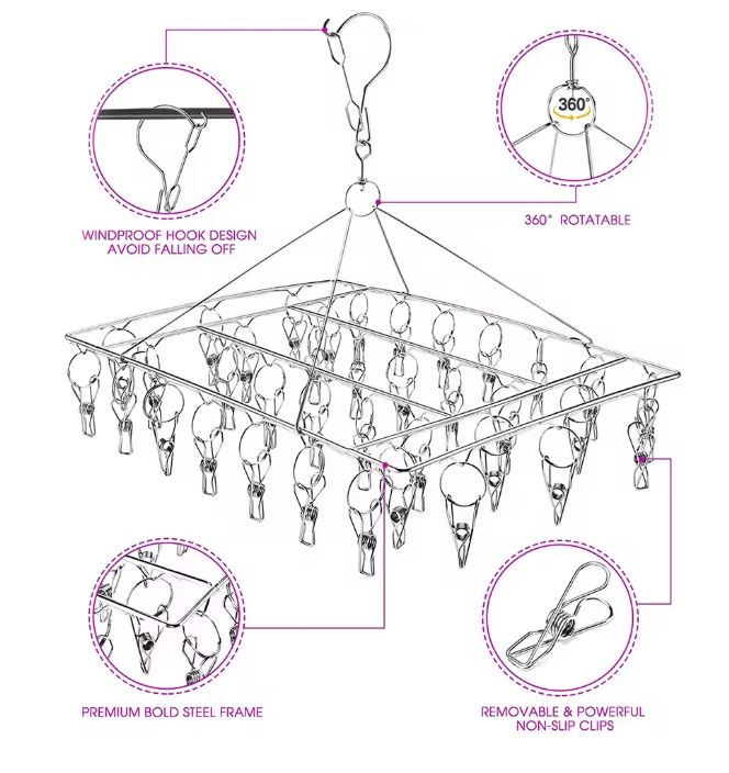 SpinDry Stainless Steel Sock Drying Rack with Windproof Clips