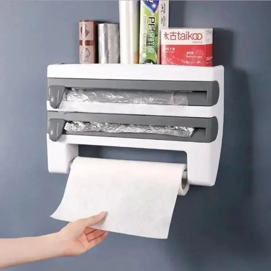 2-in-1 Wall Mounted Plastic Wrap Dispenser with Cutter – Cling Film Holder & Aluminum Foil Organizer