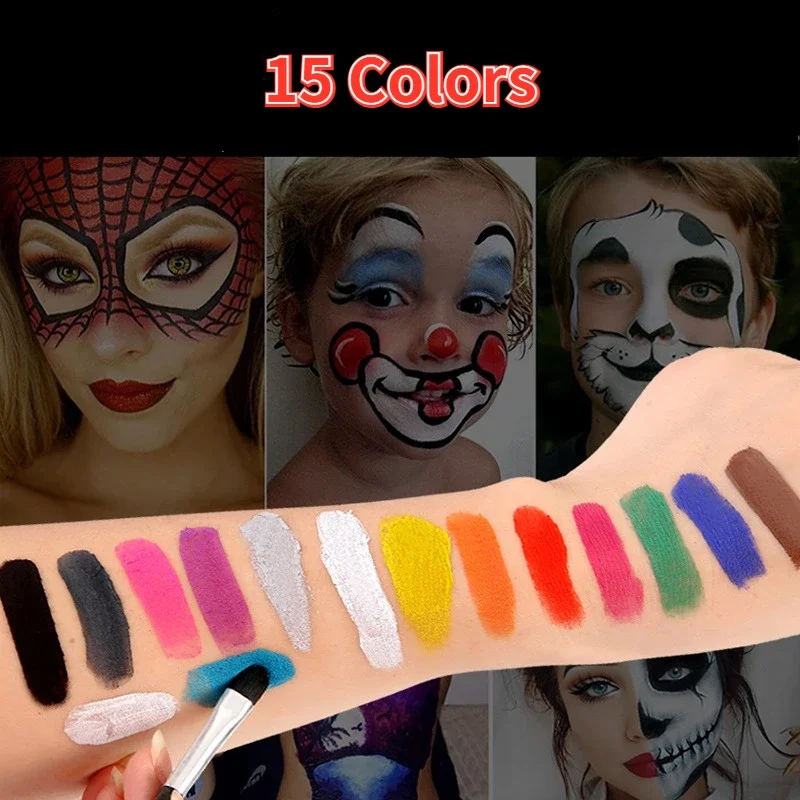 15Colors Face Painting Kit Body Makeup, Non Toxic Paint Oil with Brush for Fancy Dress, Halloween Christmas Party