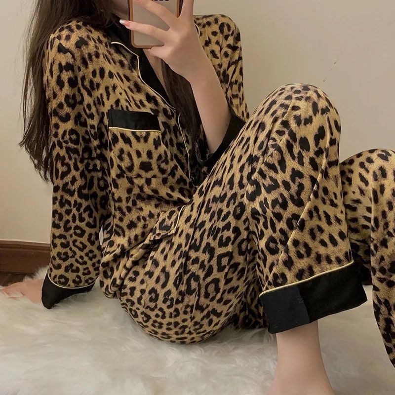 Women Leopard Print Long Sleeve Pajama Set Spring Fall